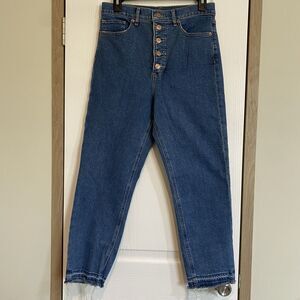 Express Mom Jean Super High Rise Size 8R Ankle button fly raw hem medium wash